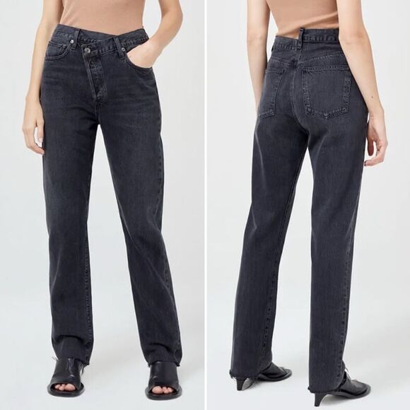 Agolde Criss Cross Straight Jeans in Shambles Black Wash Raw Hem Women’s Size 24 - Picture 1 of 16